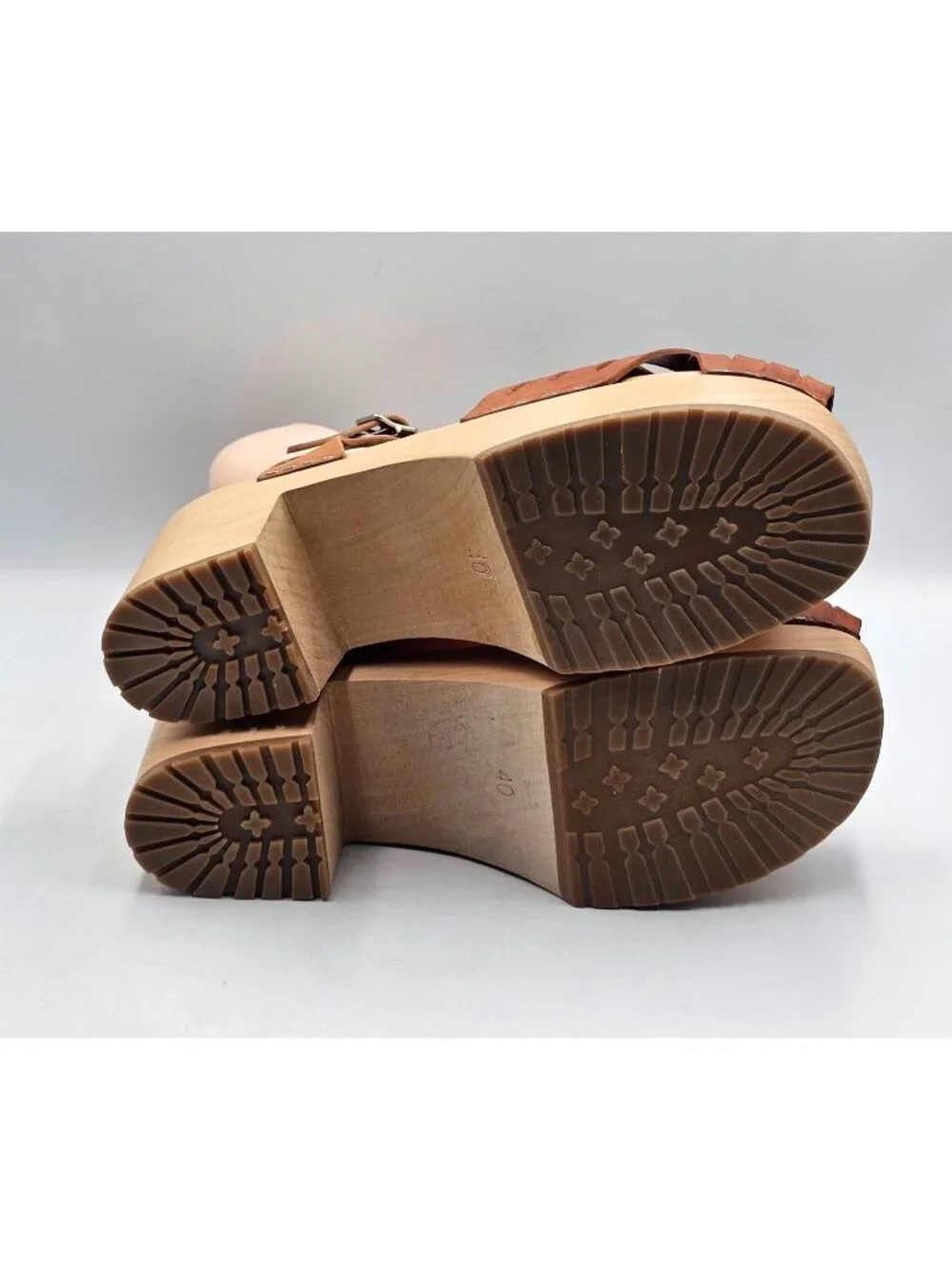 Swedish Hasbeens Womens Braided Tan Leather Sky High Wooden Clogs Sz 9.5 3719 - Picture 5 of 16